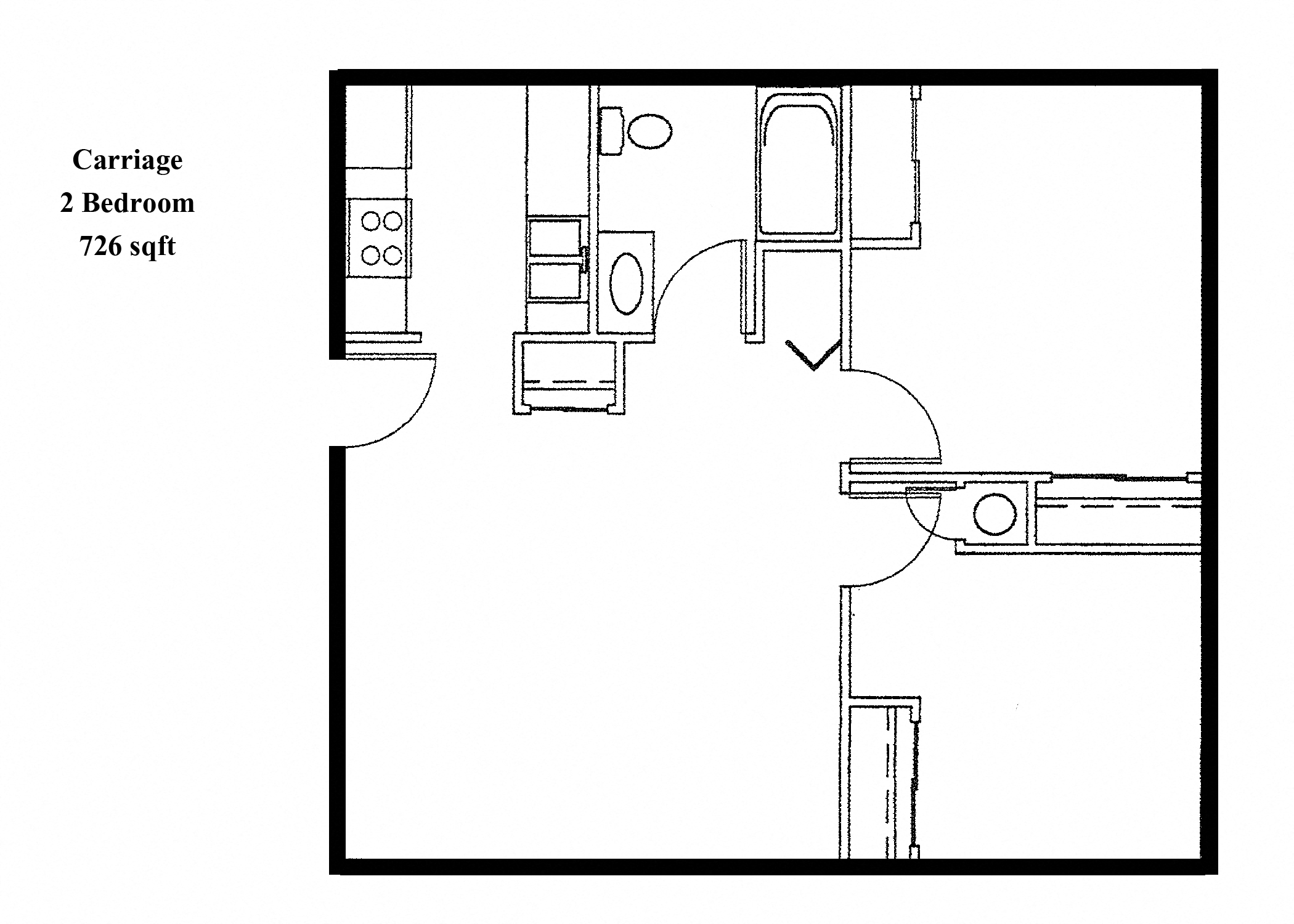 Floor plan for 2 beds, 1 bath, 725 sqft